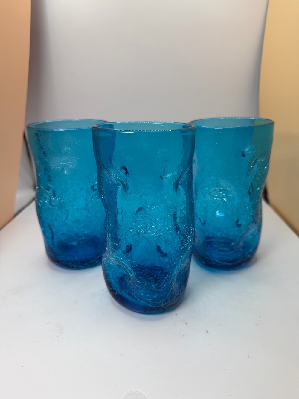 Vintage Blenko, Dimple Pinched Tumblers, Set , Turquoise. MCM